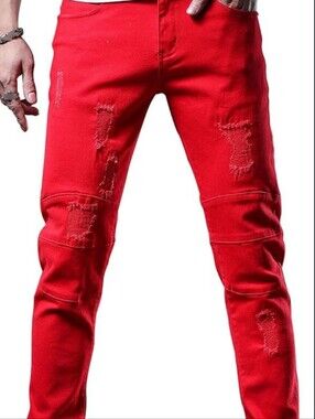 Red Distressed Men's Skinny Stretch Jeans